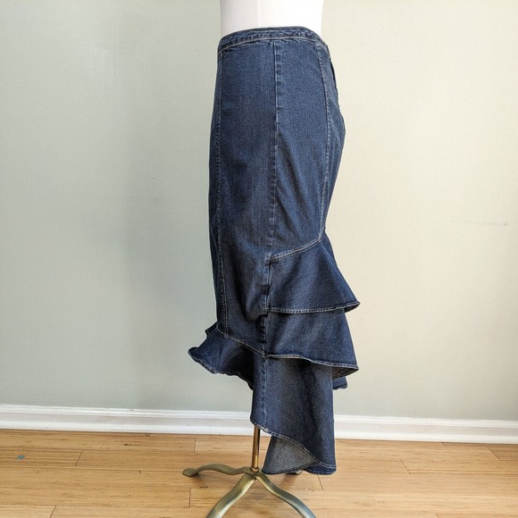 Ashro Dresses & Skirts - Y2K Denim Maxi Skirt Ruffle Ashro Blue Hi-Low Tiered Artsy Maximalist Jean 10